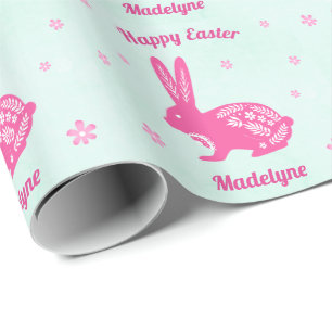 Easter Bunny Rabbit Daisies Pink Aqua Personalised Wrapping Paper