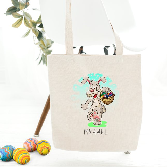 Easter Bunny Rabbit Easter Eggs Personalised Name Tote Bag (Creator Uploaded)