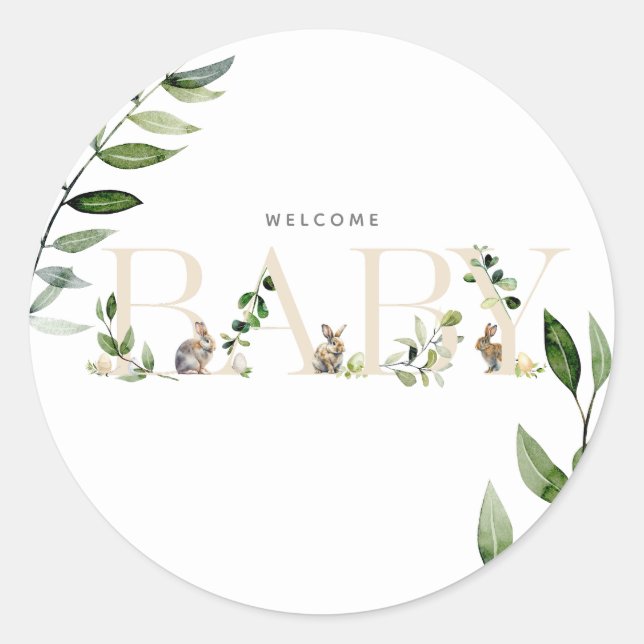 Easter Bunny Rabbit Eggs Eucalyptus Neutral Baby Classic Round Sticker (Front)