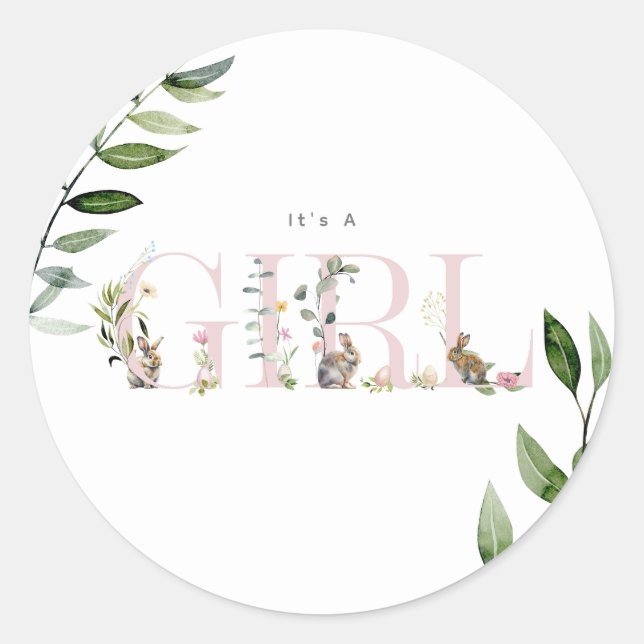 Easter Bunny Rabbit Eggs Floral Girl Baby Shower Classic Round Sticker (Front)