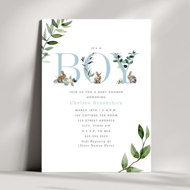 Easter Bunny Rabbit Eggs Greenery Boy Baby Shower Invitation (Creator Uploaded)