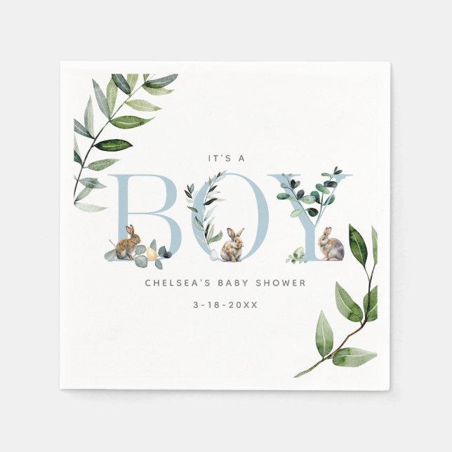 Easter Bunny Rabbit Eucalyptus Boy Baby Shower Napkin (Front)