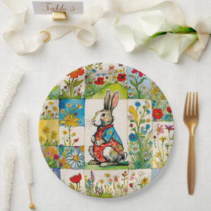 Easter Bunny Rabbit Floral Patchwork Paper Plate