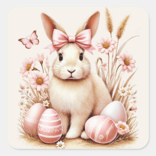 Easter Bunny Rabbit Pink Eggs Coquette Bow Square Sticker