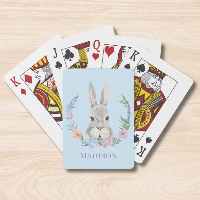 Easter Bunny Rabbit Watercolor Floral Personalised Playing Cards (Creator Uploaded)