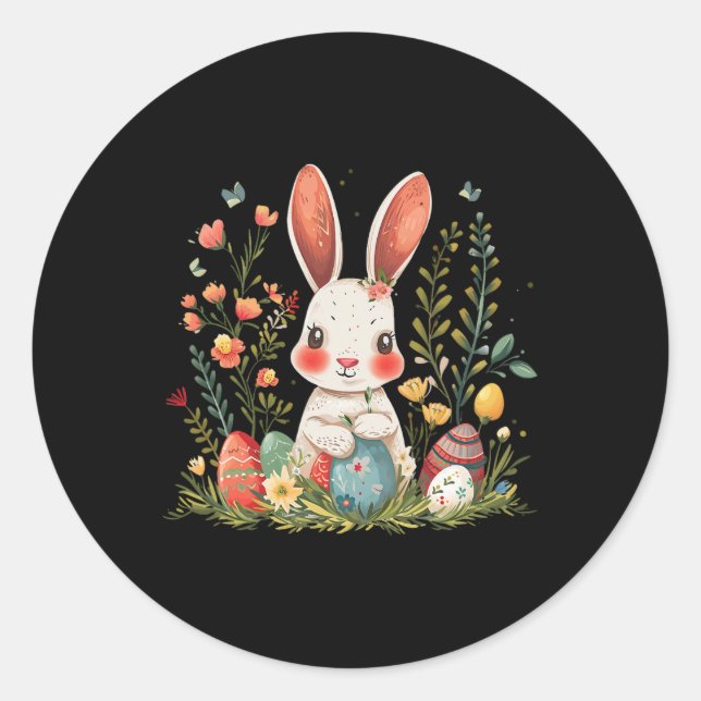 Easter Bunny Rabbit Women Happy Bunny Flower Graph Classic Round Sticker (Front)