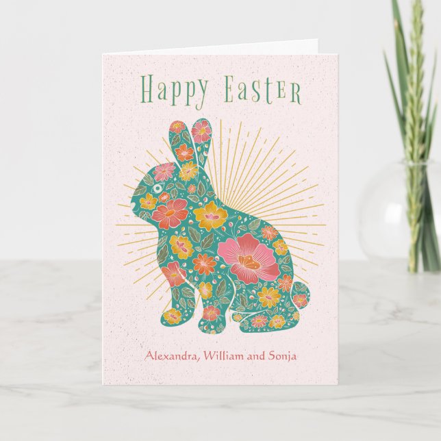 Easter Bunny Retro Floral Personalised Holiday Card (Front)