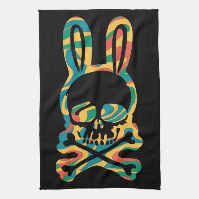 Easter Bunny Retro Tie Dye Bunny Skull Cross Bone Tea Towel (Vertical)