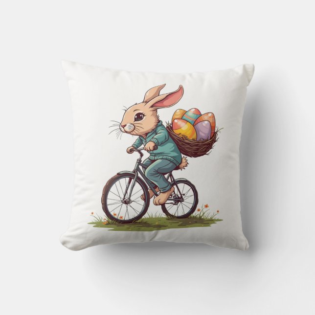 Easter Bunny Riding a Bicycle with Basket of Eggs Cushion (Front)