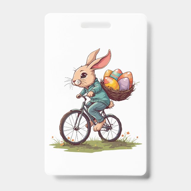 Easter Bunny Riding a Bicycle with Basket of Eggs ID Badge (Front)
