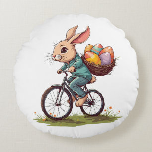 Easter Bunny Riding a Bicycle with Basket of Eggs Round Cushion