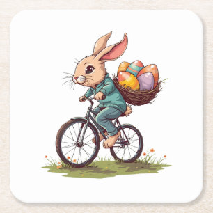 Easter Bunny Riding a Bicycle with Basket of Eggs Square Paper Coaster