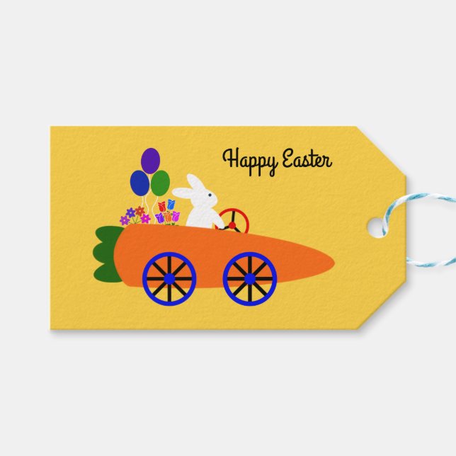 Easter Bunny Riding Carrot Car #2 Gift Tag (Front (Horizontal))