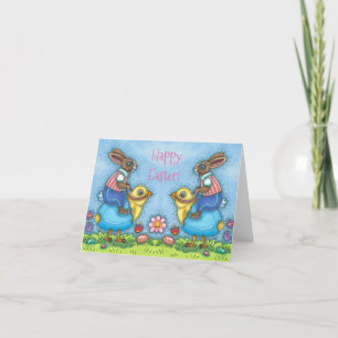 EASTER BUNNY RIDING CUTE CHICK IN BLUE EGG Blank Holiday Card