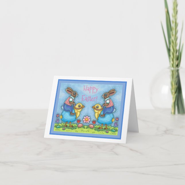 EASTER BUNNY RIDING CUTE CHICK IN BLUE EGG Blank Holiday Card (Front)