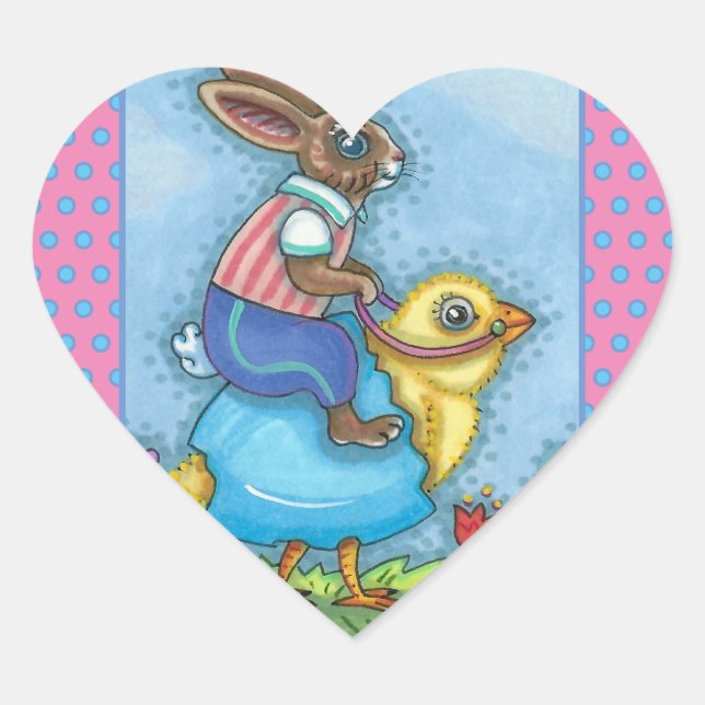 EASTER BUNNY RIDING CUTE CHICK IN BLUE EGG, WHIMSY HEART STICKER (Front)
