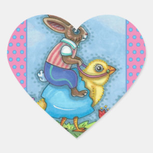 EASTER BUNNY RIDING CUTE CHICK IN BLUE EGG, WHIMSY HEART STICKER