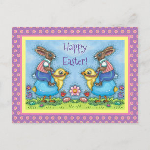 EASTER BUNNY RIDING CUTE CHICK IN BLUE EGG, WHIMSY HOLIDAY POSTCARD