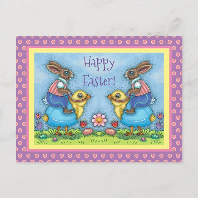 EASTER BUNNY RIDING CUTE CHICK IN BLUE EGG, WHIMSY HOLIDAY POSTCARD (Front)