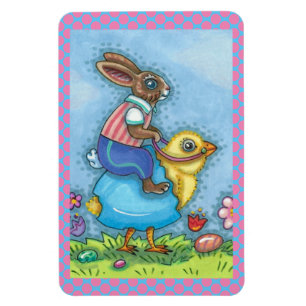 EASTER BUNNY RIDING CUTE CHICK IN BLUE EGG, WHIMSY MAGNET