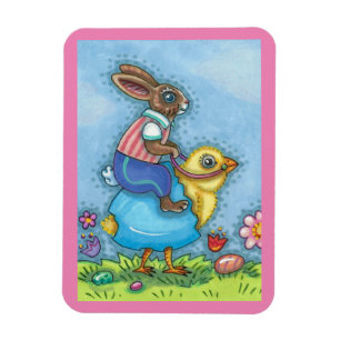 EASTER BUNNY RIDING CUTE CHICK IN BLUE EGG, WHIMSY MAGNET