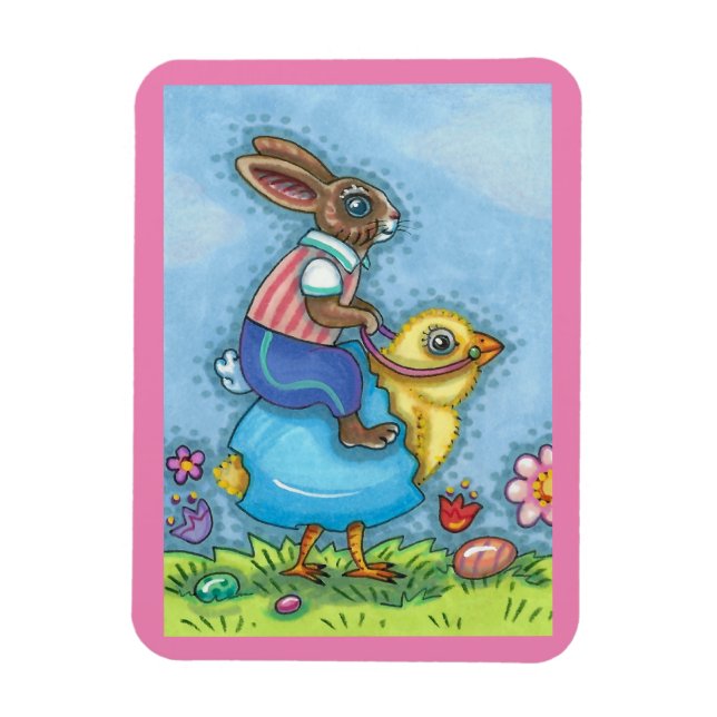 EASTER BUNNY RIDING CUTE CHICK IN BLUE EGG, WHIMSY MAGNET (Vertical)
