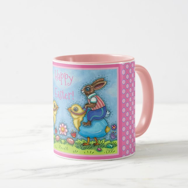 EASTER BUNNY RIDING CUTE CHICK IN BLUE EGG, WHIMSY MUG (Front Right)