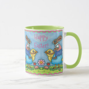 EASTER BUNNY RIDING CUTE CHICK IN BLUE EGG, WHIMSY MUG