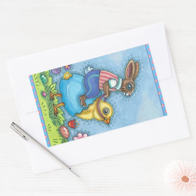 EASTER BUNNY RIDING CUTE CHICK IN BLUE EGG, WHIMSY RECTANGULAR STICKER (Envelope)