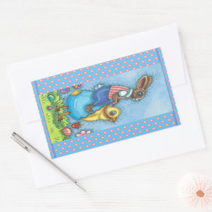 EASTER BUNNY RIDING CUTE CHICK IN BLUE EGG, WHIMSY RECTANGULAR STICKER