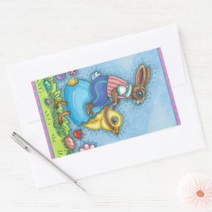 EASTER BUNNY RIDING CUTE CHICK IN BLUE EGG, WHIMSY RECTANGULAR STICKER