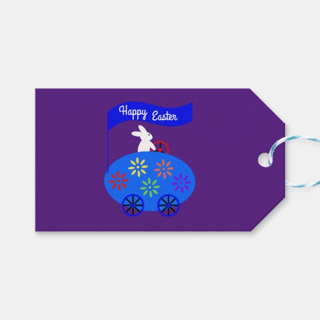Easter Bunny Riding Egg Car #1 Gift Tag (Front (Horizontal))