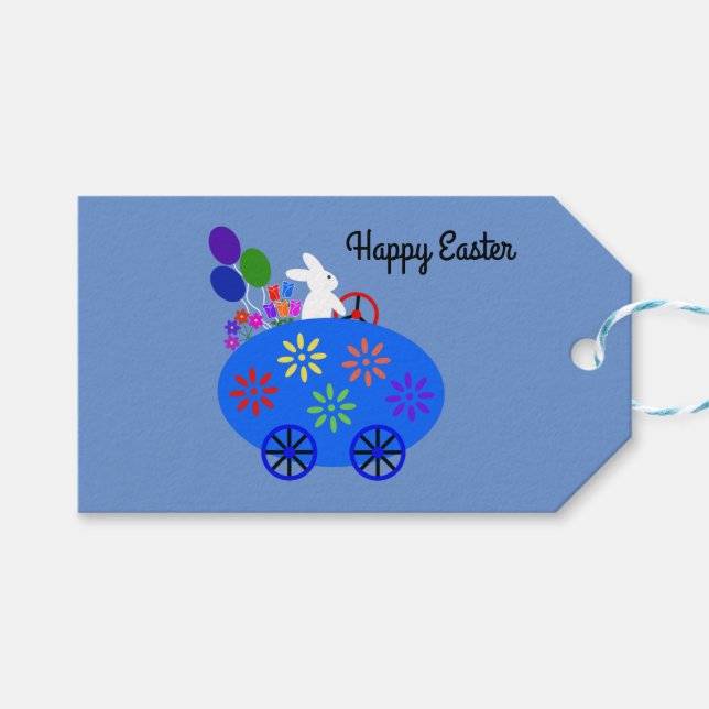 Easter Bunny Riding Egg Car #2 Gift Tag (Front (Horizontal))