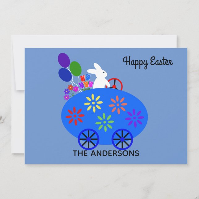Easter Bunny Riding Egg Car #2 Holiday Card (Front)
