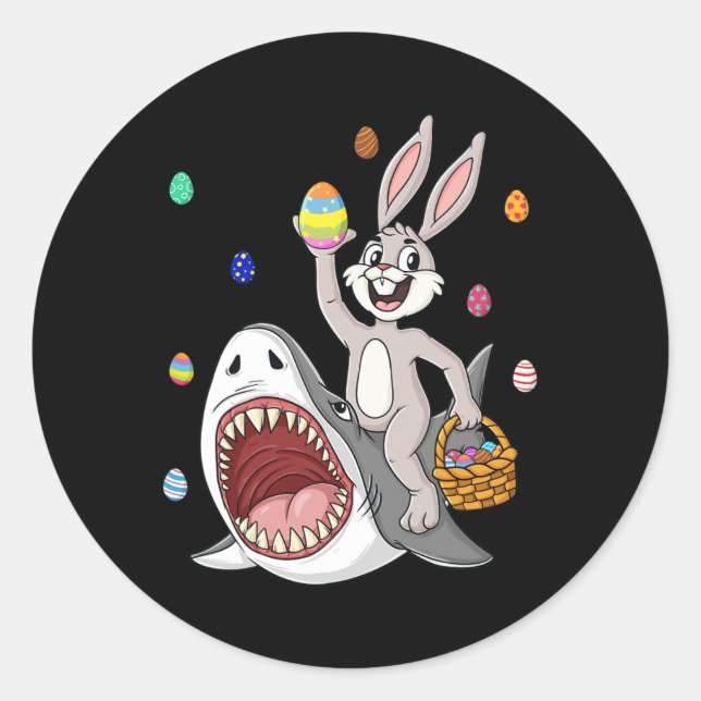 Easter Bunny Riding Shark Fun Eggs Basket Boys Gir Classic Round Sticker (Front)