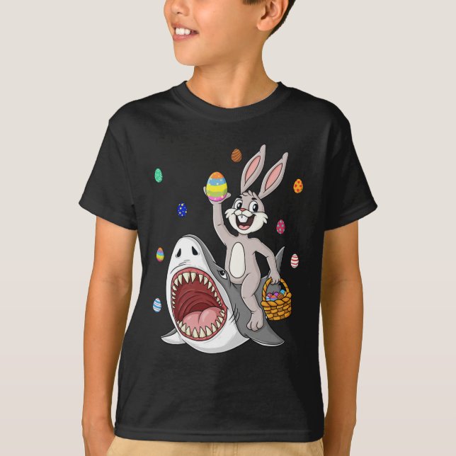 Easter Bunny Riding Shark Fun Eggs Basket Boys Gir T-Shirt (Front)