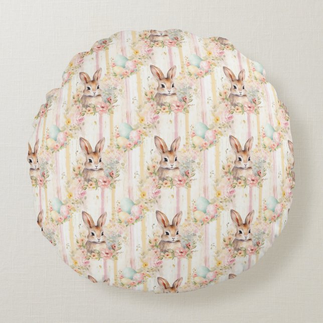 Easter Bunny Seamless Fabric – Pastel Cute Rabbit  Round Cushion (Front)