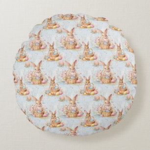 Easter Bunny Seamless Fabric – Pastel Cute Rabbit  Round Cushion