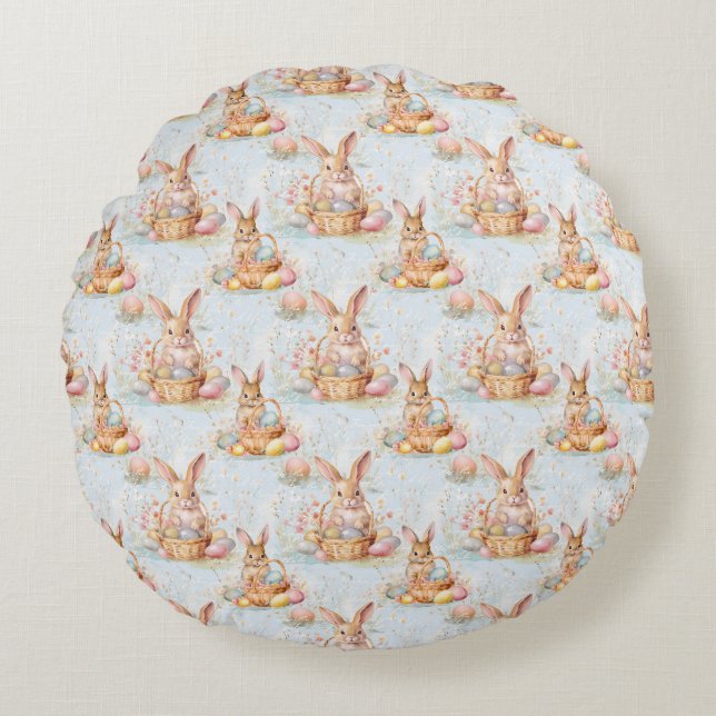 Easter Bunny Seamless Fabric – Pastel Cute Rabbit  Round Cushion (Front)