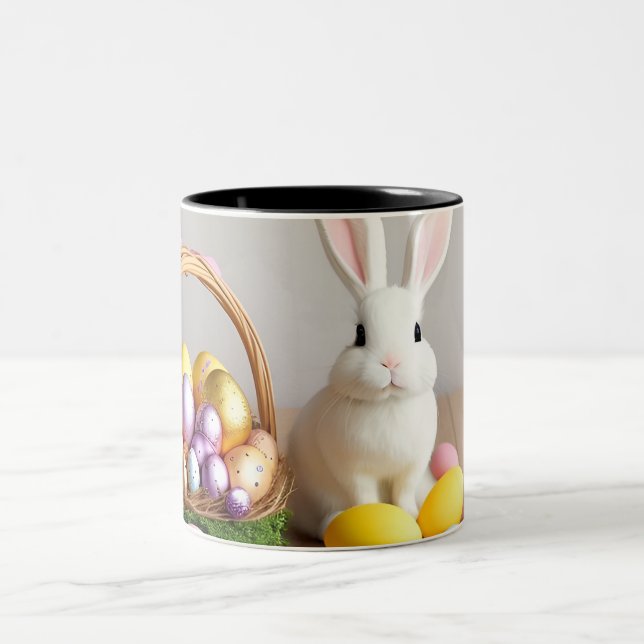 Easter Bunny Sitting in a Basket Two-Tone Coffee Mug (Center)