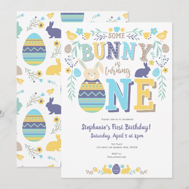 Easter, Bunny, Spring, 1st Birthday Invitation (Front/Back)