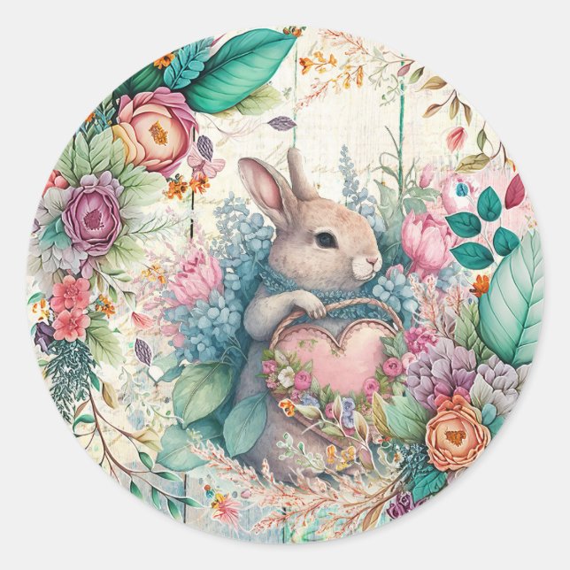 Easter Bunny Spring Flowers Cute Classic Round Sticker (Front)