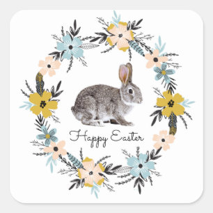 Easter Bunny & Spring Flowers Easter Square Sticker
