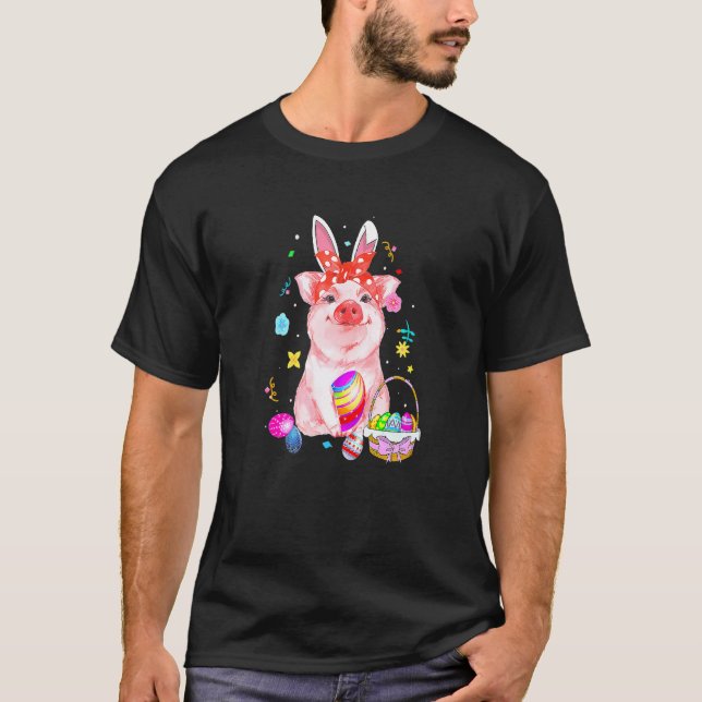 Easter Bunny Spring Pig bow Egg Hunting Basket col T-Shirt (Front)