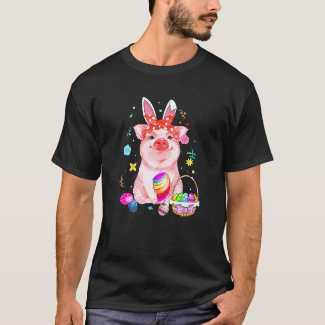 Easter Bunny Spring Pig Bow Egg Hunting Basket Col T-Shirt (Front)