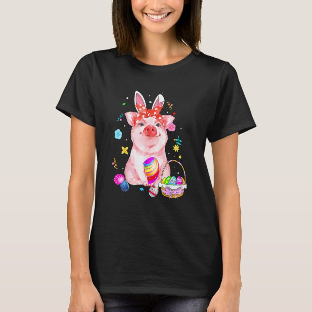 Easter Bunny Spring Pig bow Egg Hunting Basket col T-Shirt (Front)