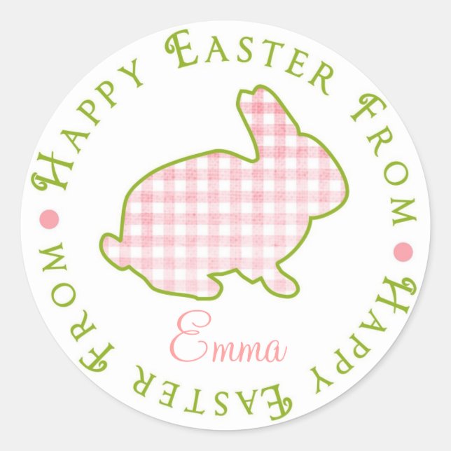 Easter Bunny Stickers- Pink Gingham Classic Round Sticker (Front)