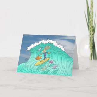 Easter bunny surfing. card