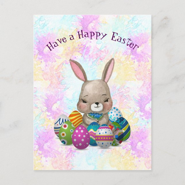 Easter Bunny Surrounded by Easter Eggs Holiday Postcard (Front)