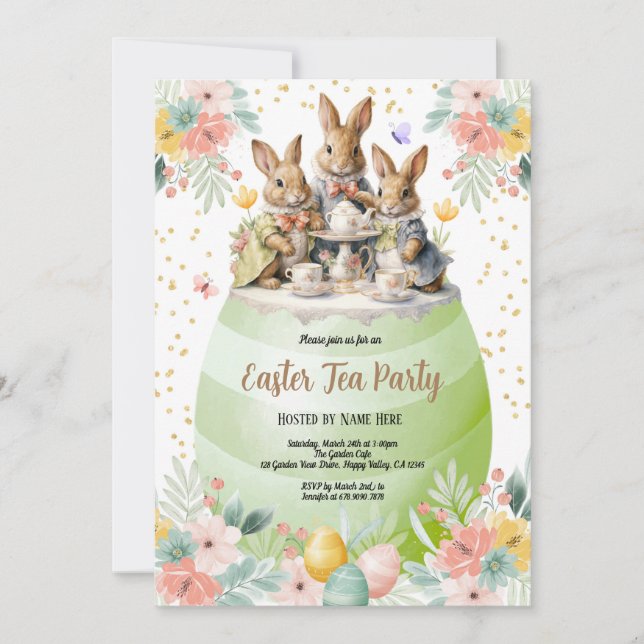 Easter Bunny Tea Party Invitation. Pastel Green Invitation (Front)